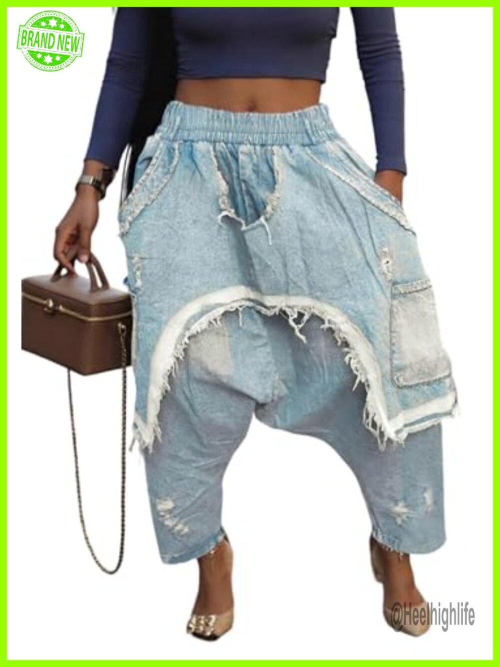 Women's Baggy Harem Jeans Ripped Patchwork Denim Pants Stretch Elastic Waist